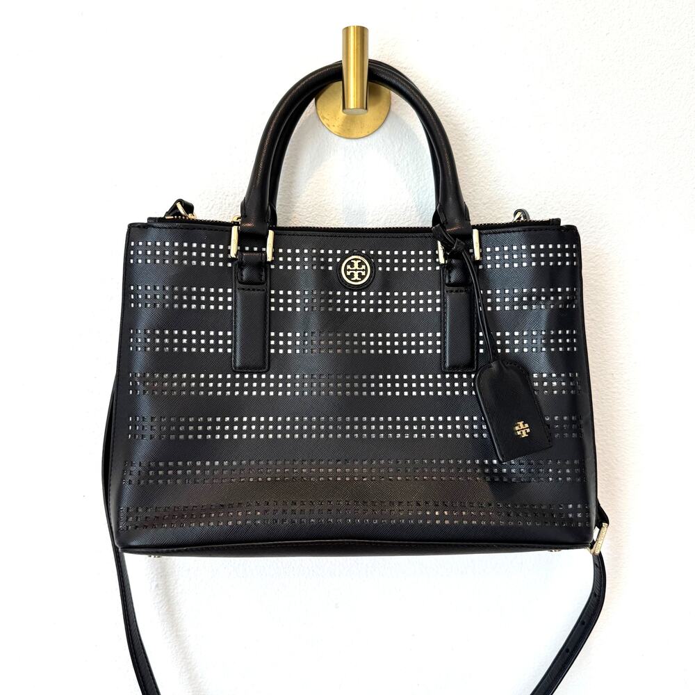 Tory Burch Black Robinson Laser Cut Saffiano Leather Double Zip Satchel Bag